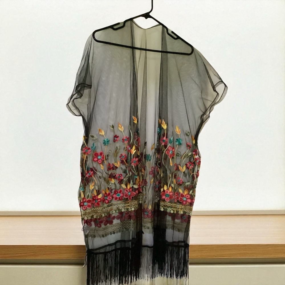 Jessica McClintock Kimono Open Cardigan Sheer Boho Embroidered Floral